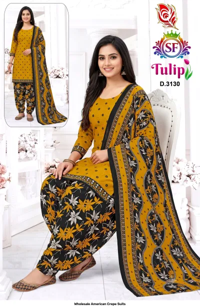 Wholesale American Crepe Suits D.3130. Mustard floral kurti, black floral salwar, and floral dupatta. Dress material set.