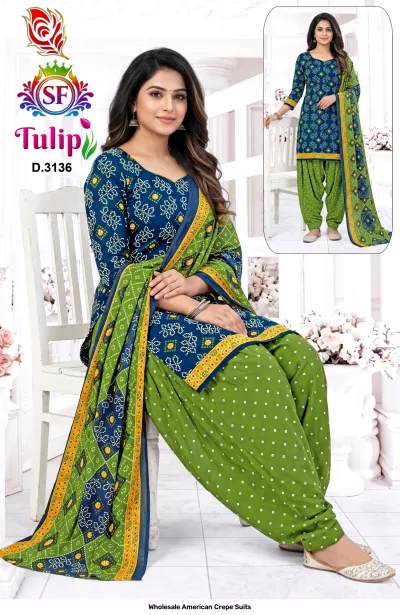 Wholesale American Crepe Suits D.3136. Blue and green Bandhani print kurti, salwar, and dupatta. Dress material set.
