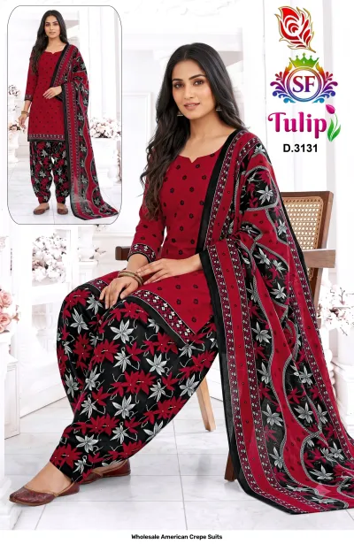 Wholesale American Crepe Suits D.3131. Red floral kurti, black floral salwar, and floral dupatta. Dress material set.