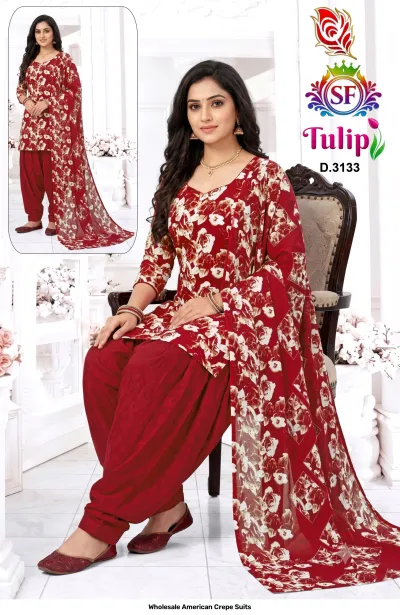Wholesale American Crepe Suits D.3133. Red floral kurti, red salwar, and floral dupatta. Dress material set.