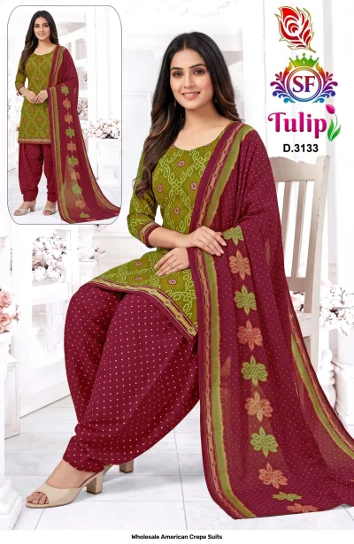 Wholesale American Crepe Suits D.3133. Olive green Bandhani print kurti, maroon salwar, and floral dupatta. Dress material set.