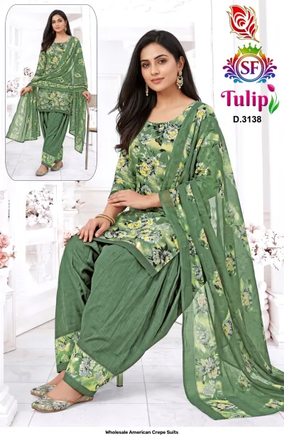 Wholesale American Crepe Suits D.3138. Green floral kurti, salwar, and matching dupatta. Dress material set.