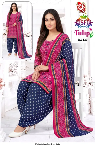 Wholesale American Crepe Suits D.3139. Pink and blue Bandhani print kurti, salwar, and dupatta. Dress material set.