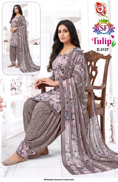 Wholesale American Crepe Suits D.3137. Brown floral kurti, salwar, and matching dupatta. Dress material set.