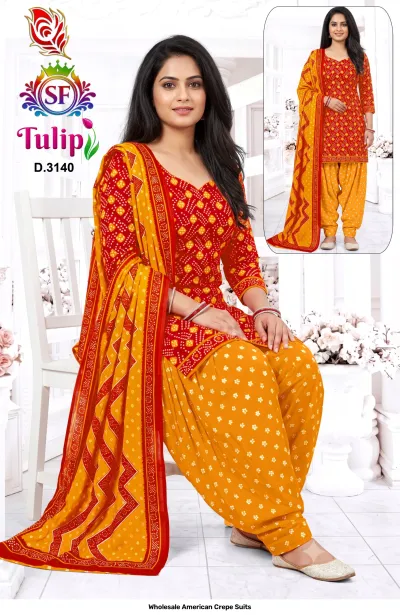 Wholesale American Crepe Suits D.3140. Red and yellow Bandhani print kurti, salwar, and dupatta. Dress material set.