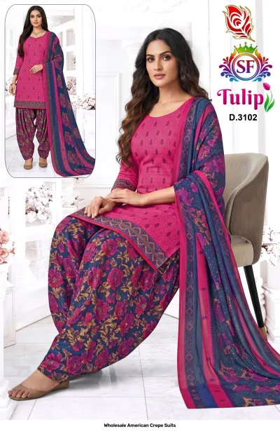 Wholesale American Crepe Suits D.3102. Pink printed kurti, floral salwar, and patterned dupatta. Dress material set.