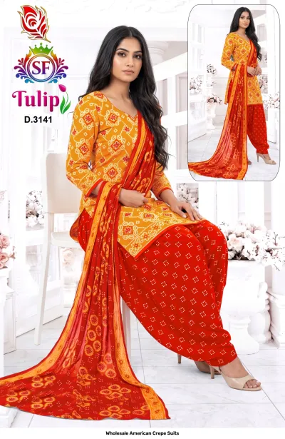 Wholesale American Crepe Suits D.3141. Yellow and red Bandhani print kurti, salwar, and dupatta. Dress material set.