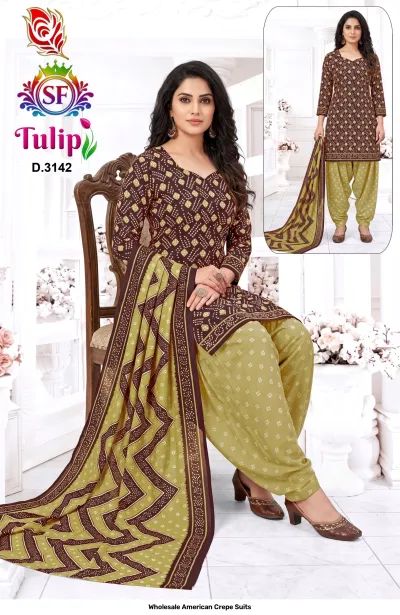 Wholesale American Crepe Suits D.3142. Brown and green Bandhani print kurti, salwar, and dupatta. Dress material set.