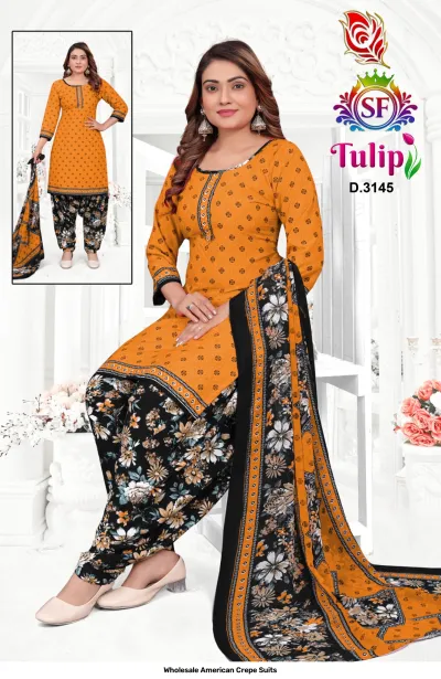 Wholesale American Crepe Suits D.3145. Mustard floral kurti, black floral salwar, and floral dupatta. Dress material set.