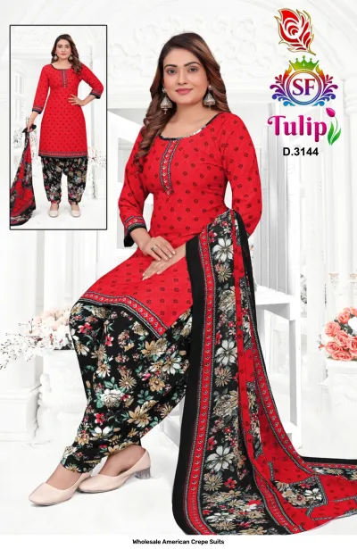 Wholesale American Crepe Suits D.3144. Red floral kurti, black floral salwar, and floral dupatta. Dress material set.
