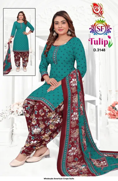 Wholesale American Crepe Suits D.3148. Teal and maroon floral kurti, salwar, and matching dupatta. Dress material set.