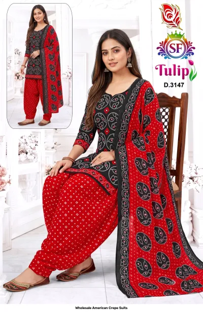 Wholesale American Crepe Suits D.3147. Black and red Bandhani print kurti, salwar, and dupatta. Dress material set.