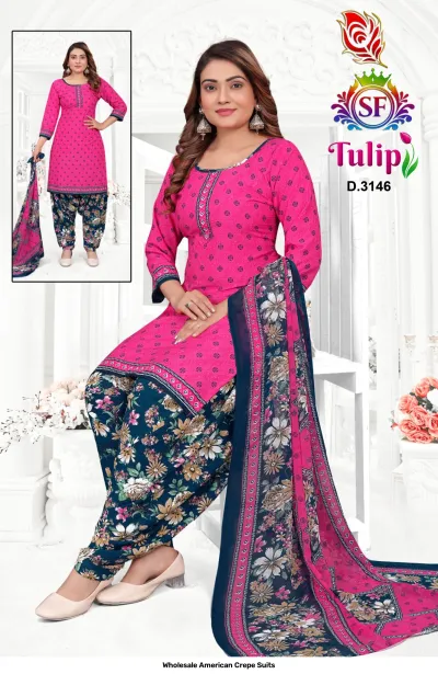 Wholesale American Crepe Suits D.3146. Pink floral kurti, navy floral salwar, and floral dupatta. Dress material set.