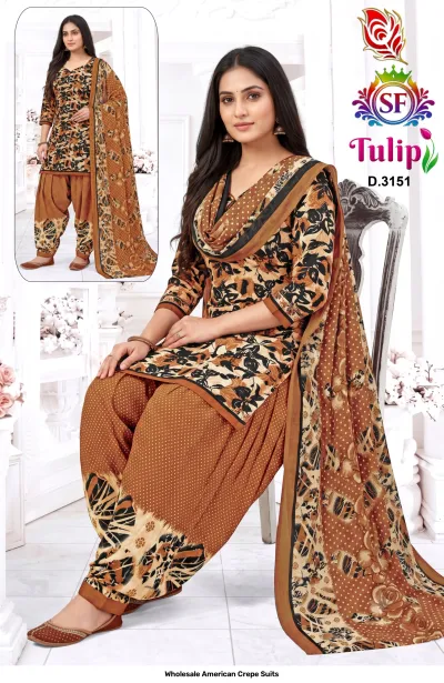 Wholesale American Crepe Suits D.3151. Brown and black patterned kurti, salwar, and dupatta. Dress material set.