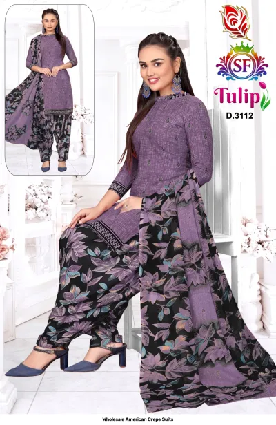 Wholesale American Crepe Suits D.3112. Purple printed kurti with matching floral salwar and dupatta. Dress material set.