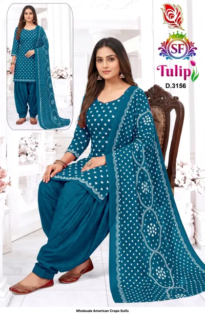 Wholesale American Crepe Suits D.3156. Blue and white heart print kurti, salwar, and dupatta. Dress material set.
