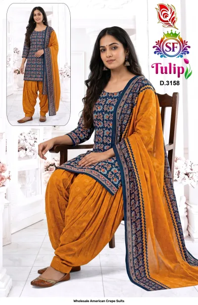 Wholesale American Crepe Suits D.3158. Blue floral kurti, mustard salwar, and floral dupatta. Dress material set.