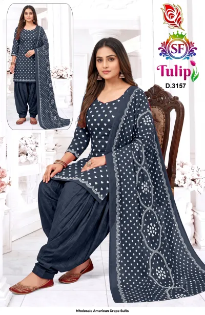 Wholesale American Crepe Suits D.3157. Navy and white heart print kurti, salwar, and dupatta. Dress material set.
