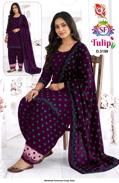 Wholesale American Crepe Suits D.3159. Purple and green heart print kurti, salwar, and dupatta. Dress material set.