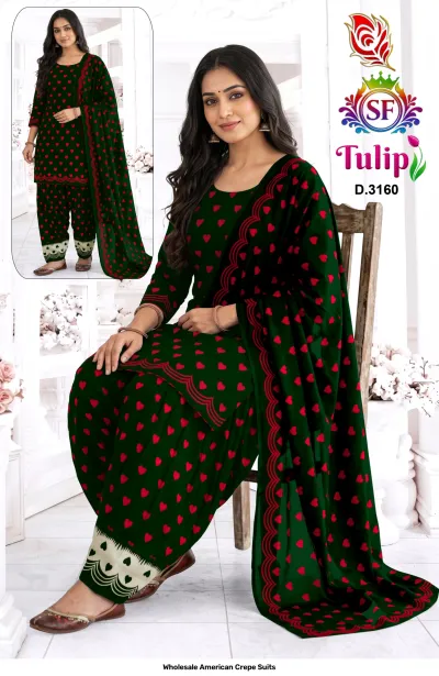 Wholesale American Crepe Suits D.3160. Dark green and red heart print kurti, salwar, and dupatta. Dress material set.