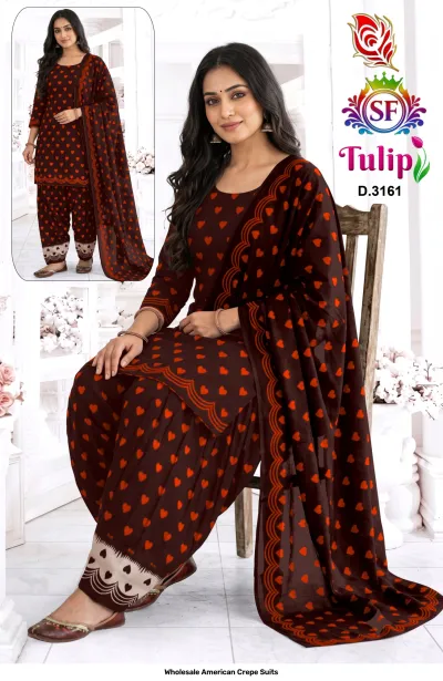 Wholesale American Crepe Suits D.3161. Brown and red heart print kurti, salwar, and dupatta. Dress material set.