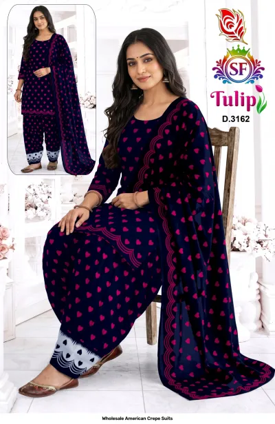 Wholesale American Crepe Suits D.3162. Dark blue and pink heart print kurti, salwar, and dupatta. Dress material set.