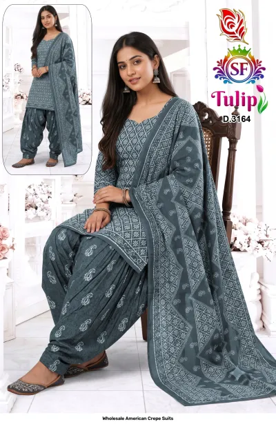 Wholesale American Crepe Suits D.3164. Dark grey and white patterned kurti, salwar, and dupatta. Dress material set.