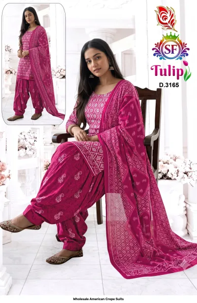 Wholesale American Crepe Suits D.3165. Pink and white patterned kurti, salwar, and dupatta. Dress material set.