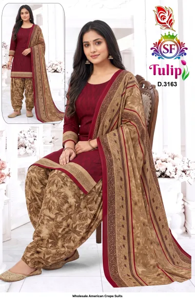 Wholesale American Crepe Suits D.3163. Maroon and brown floral kurti, salwar, and dupatta. Dress material set.