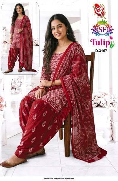Wholesale American Crepe Suits D.3167. Red and white patterned kurti, salwar, and dupatta. Dress material set.