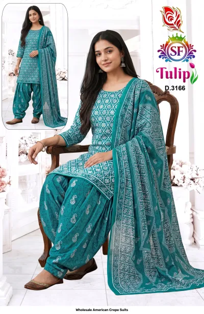 Wholesale American Crepe Suits D.3166. Teal and white patterned kurti, salwar, and dupatta. Dress material set.