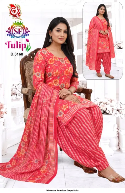 Wholesale American Crepe Suits D.3168. Red and yellow floral kurti, striped salwar, and floral dupatta. Dress material set.
