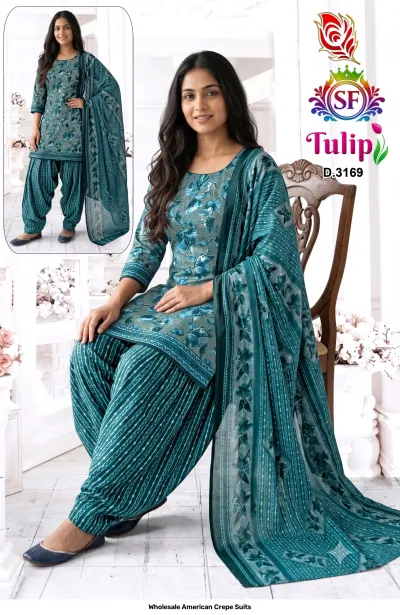 Wholesale American Crepe Suits D.3169. Dark green floral kurti, striped salwar, and floral dupatta. Dress material set.
