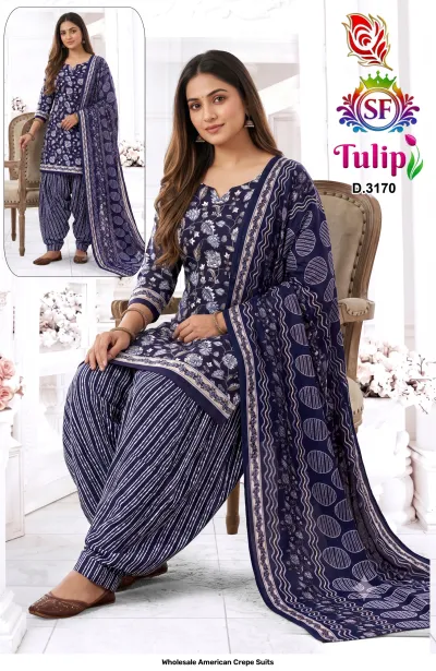 Wholesale American Crepe Suits D.3170. Navy blue and white floral kurti, striped salwar, and floral dupatta. Dress material set.