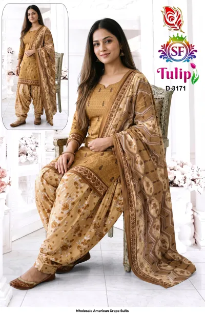 Wholesale American Crepe Suits D.3171. Mustard brown floral kurti, salwar, and matching dupatta. Dress material set.
