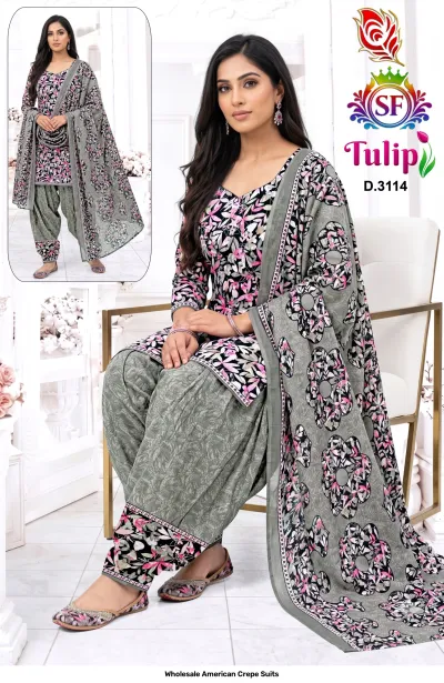 Wholesale American Crepe Suits D.3114. Grey floral kurti, salwar, and matching dupatta. Dress material set.