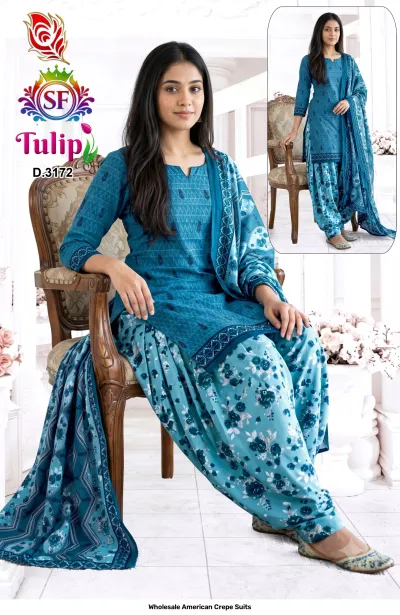 Wholesale American Crepe Suits D.3172. Teal blue and floral kurti, salwar, and matching dupatta. Dress material set.