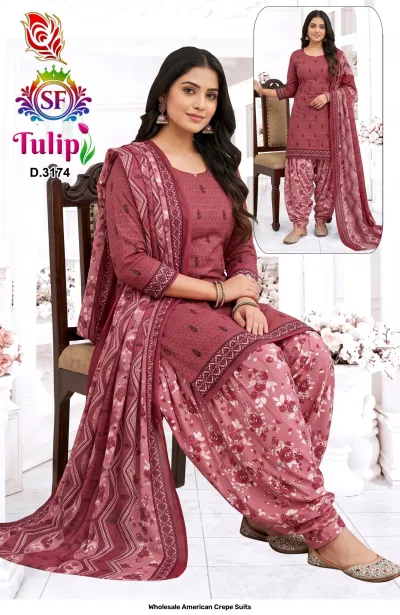 Wholesale American Crepe Suits D.3174. Maroon and floral kurti, salwar, and matching dupatta. Dress material set.