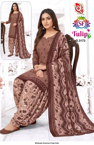 Wholesale American Crepe Suits D.3173. Brown floral kurti, salwar, and matching dupatta. Dress material set.