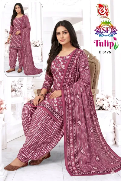 Wholesale American Crepe Suits D.3175. Purple floral kurti, striped salwar, and floral dupatta. Dress material set.