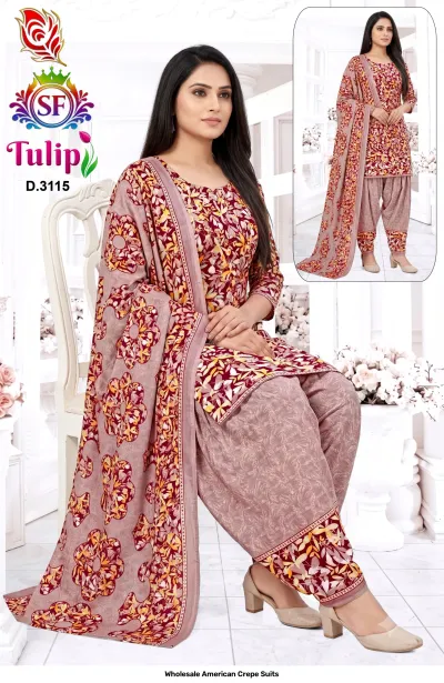 Wholesale American Crepe Suits D.3115. Burgundy floral kurti, patterned salwar, and floral dupatta. Dress material set.