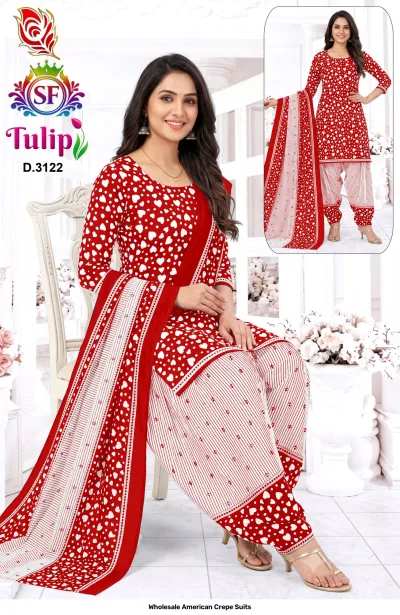 Wholesale American Crepe Suits D.3122. Red kurti with white hearts, striped salwar, and patterned dupatta. Dress material set.