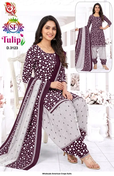 Wholesale American Crepe Suits D.3123. Purple kurti with white hearts, striped salwar, and patterned dupatta. Dress material set.