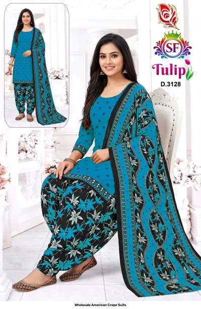 Wholesale American Crepe Suits D.3128. Blue floral kurti, black floral salwar, and floral dupatta. Dress material set.