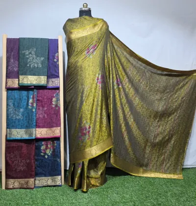 Wholesale Black Jacquard Silk Sarees: Olive floral print saree with gold zari border, displayed on mannequin with assorted color variations on rack.