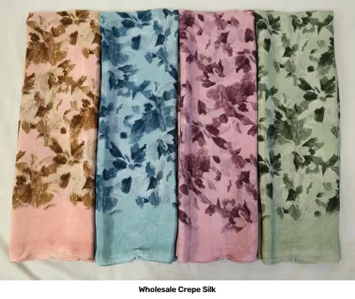 Wholesale Crepe Silk saree, floral print on light pink, blue, dusty pink, and sage green base.