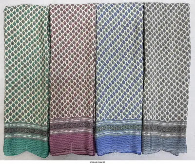 Wholesale Crepe Silk saree, repeated small leaf motif on cream base with decorative geometric border.