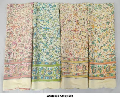 Wholesale Crepe Silk saree, off-white base with intricate multi-colored vine floral print and decorative border.