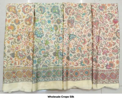 Wholesale Crepe Silk saree, off-white base with dense multi-colored floral pattern and geometric border.