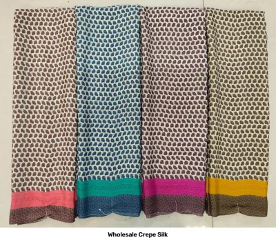 Wholesale Crepe Silk saree, small repeated leaf pattern on cream base with colored horizontal borders.